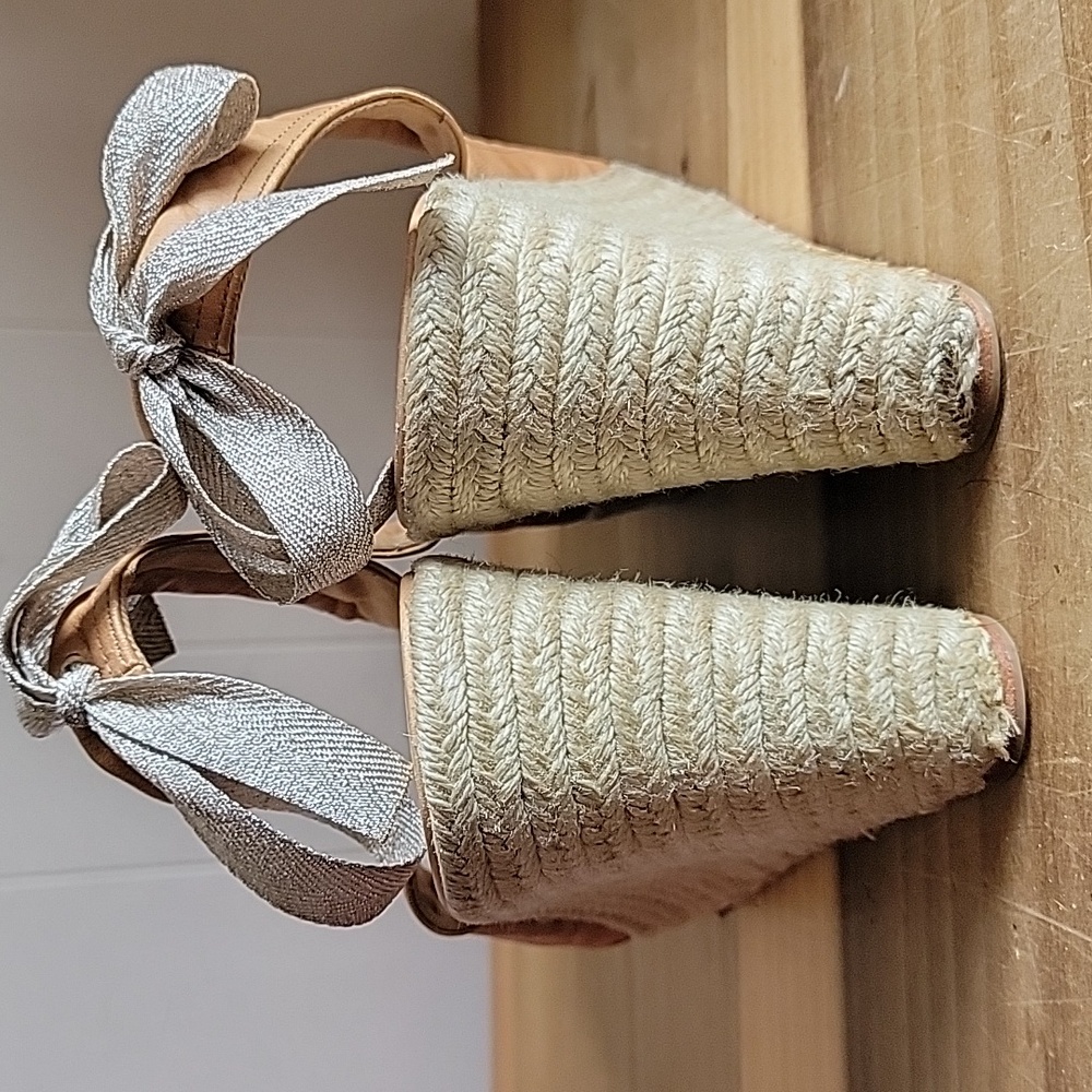 Coach Tan Leather Espadrille Wedge Sandals with Silver Ribbon - Picture 4 of 16